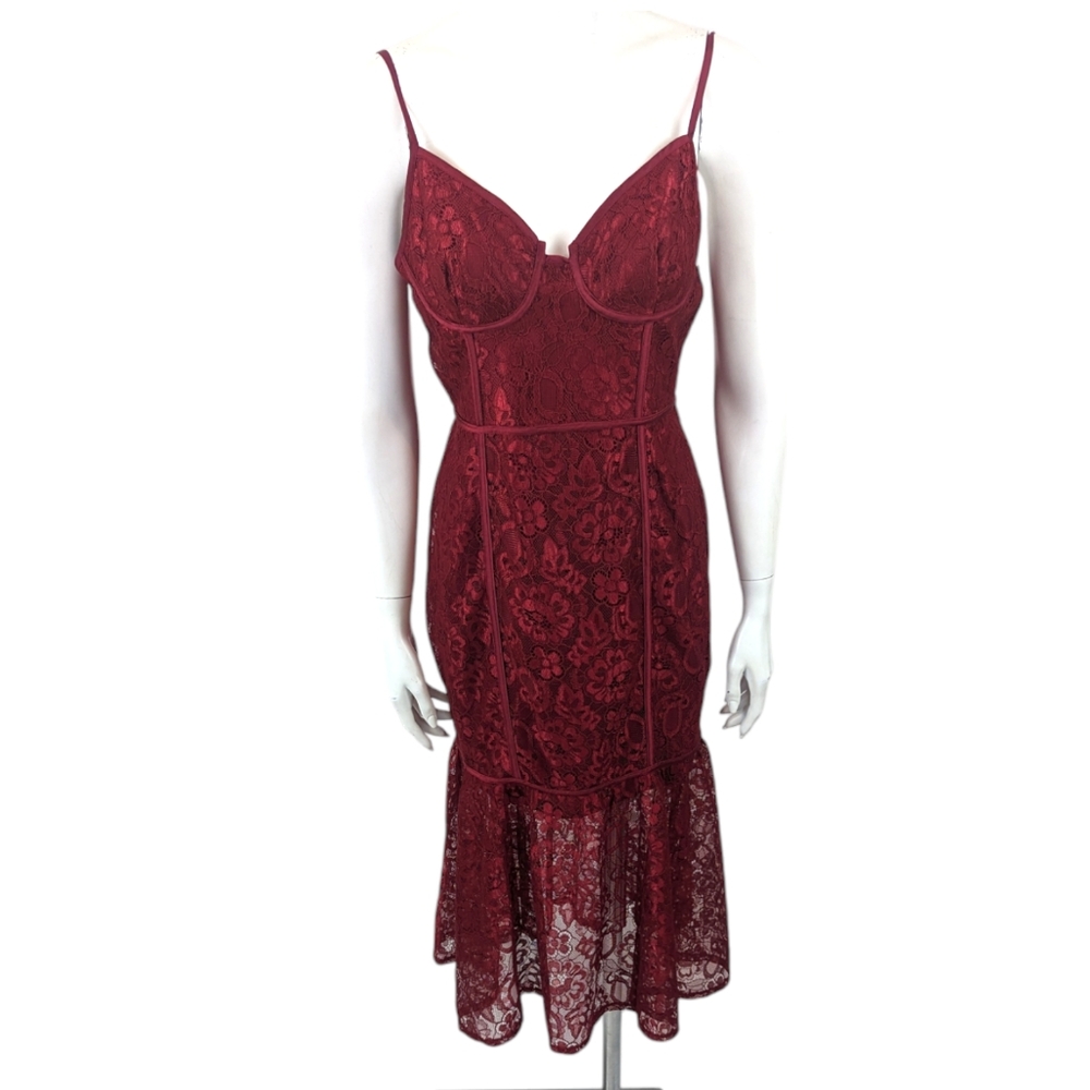 Lulus Lace Spaghetti Strace Dress NEW Womens Medium Red Lace Midi Sheath - Picture 2 of 13